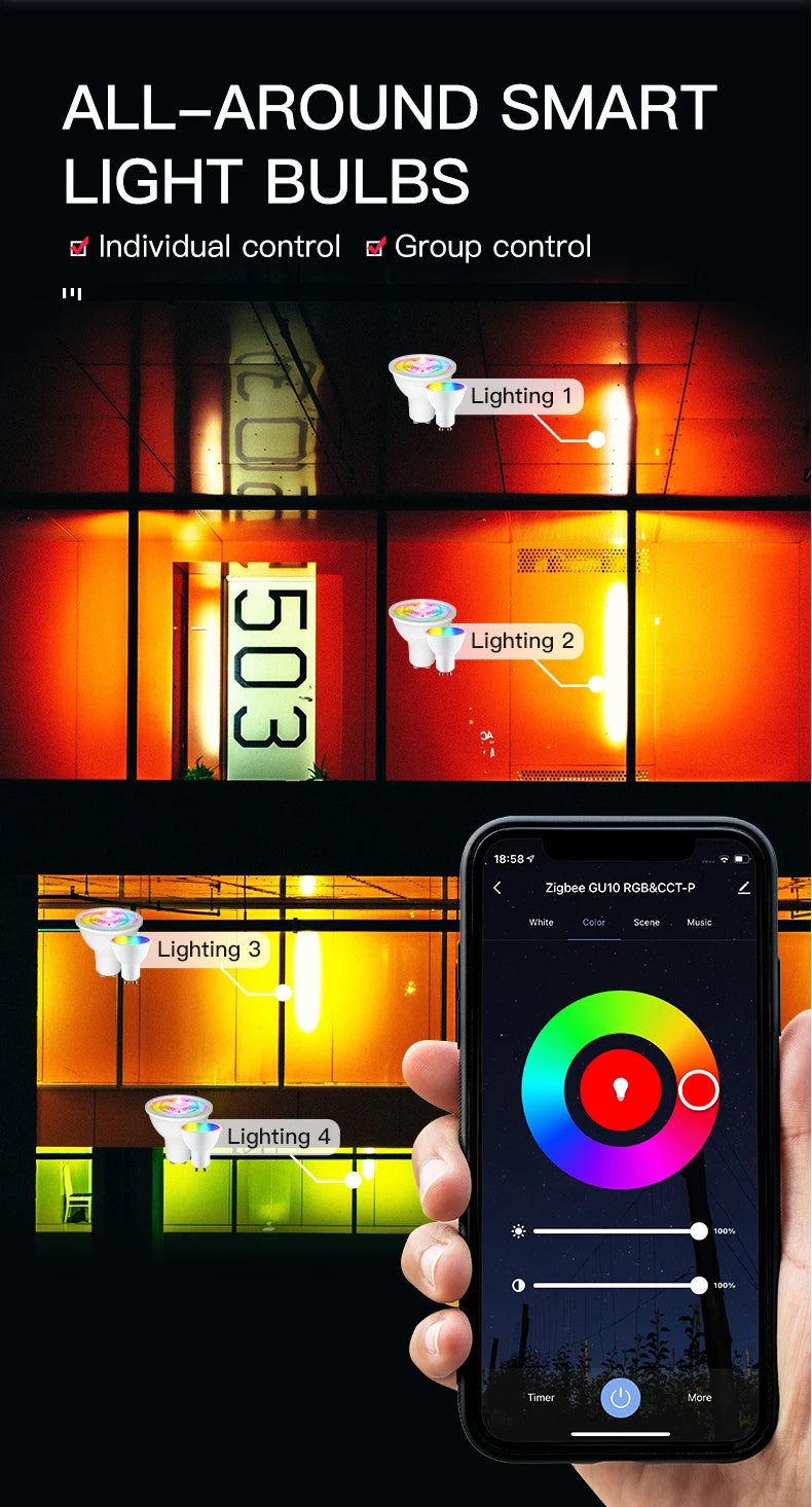 MOES Tuya ZigBee GU10 WIFI Smart LED Bulbs RGB C+W White Dimmable Lamps Smart Life APP Control Light Bulbs Voice Alexa/Google
