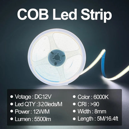COB LED Strip Light DC 12V/24V Diode String Decoration Living Room indoor Background Night Light Flexible Decor Lighting Lamp