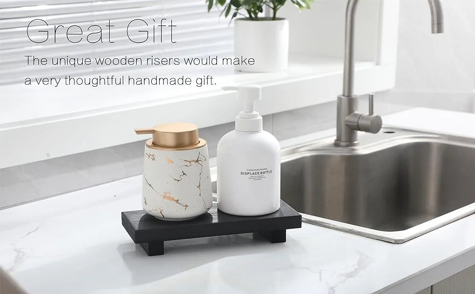 Small Wood Tray Display Stand Farmhouse Bathroom Decor Wooden Soap Pedestal Riser Kitchen Dish Holder for Vanity Counter Sink
