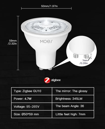 MOES Tuya ZigBee GU10 WIFI Smart LED Bulbs RGB C+W White Dimmable Lamps Smart Life APP Control Light Bulbs Voice Alexa/Google