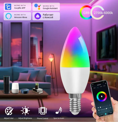Cozylife WiFi Smart LED E14 Light Bulb RGB Bulb 5/7/9W Candle Light APP Link Alexa Google Assistant Voice On/Off Indoor Lighting