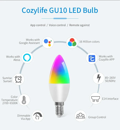 Cozylife WiFi Smart LED E14 Light Bulb RGB Bulb 5/7/9W Candle Light APP Link Alexa Google Assistant Voice On/Off Indoor Lighting