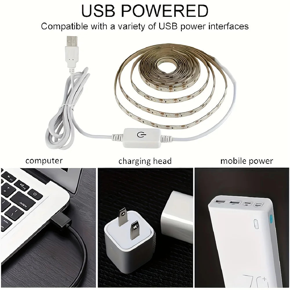 Touch-Activated LED Strip Lights - 1 Roll, USB Powered, Flexible Tape for Kitchen & Bathroom Decor, White Light