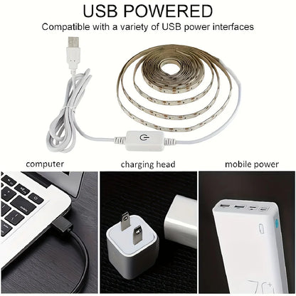 Touch-Activated LED Strip Lights - 1 Roll, USB Powered, Flexible Tape for Kitchen & Bathroom Decor, White Light